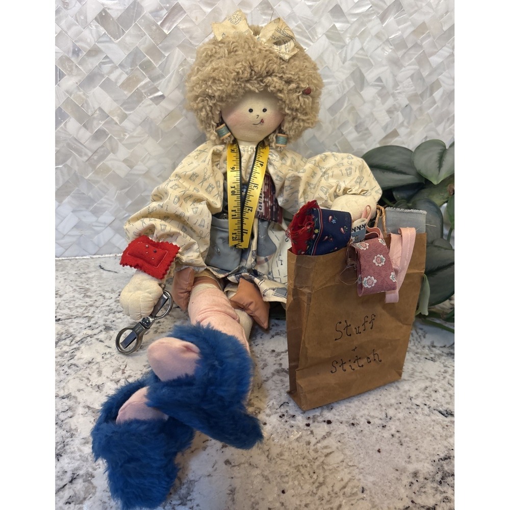 Vintage Homemade? Quilting Lady Doll Sewing Thread Fabric Thread Shopping Button